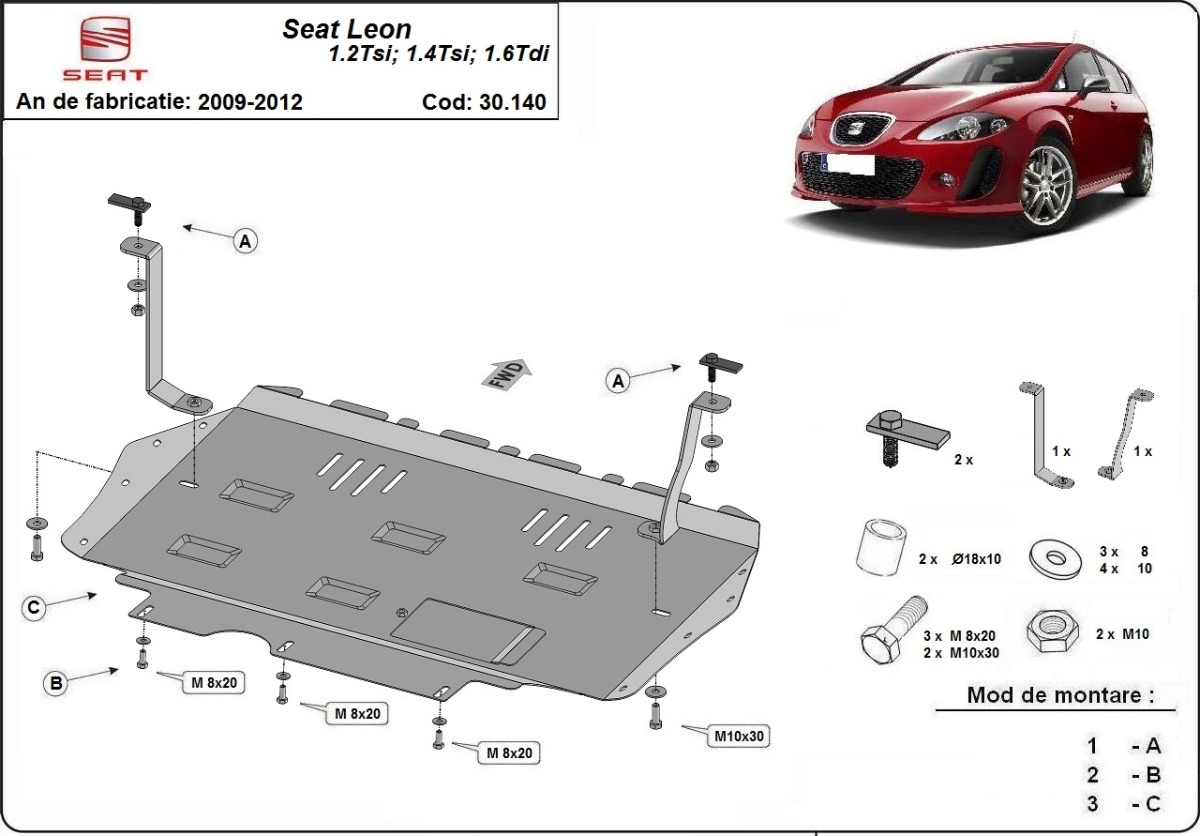 Ocelový kryt olejové vany pro ochranu motoru a převodovky pro Seat Leon Mk2 2010 - 2012, 1.2,1.4,TSI, 1.6TDI