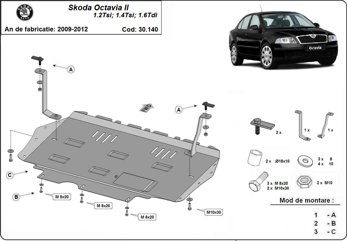 Ocelový kryt olejové vany pro Škoda Octavia 2 2010 - 2012, 1.2,1.4,TSI, 1.6TDI