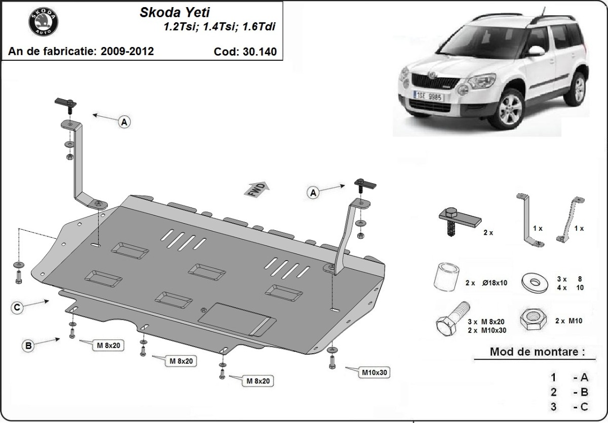 Ocelový kryt olejové vany pro ochranu motoru a převodovky pro vůz Škoda Yeti 2009 - 2012, 1.2,1.4,TSI, 1.8 , 1.6TDI, 2.0TDI,1.8TSI