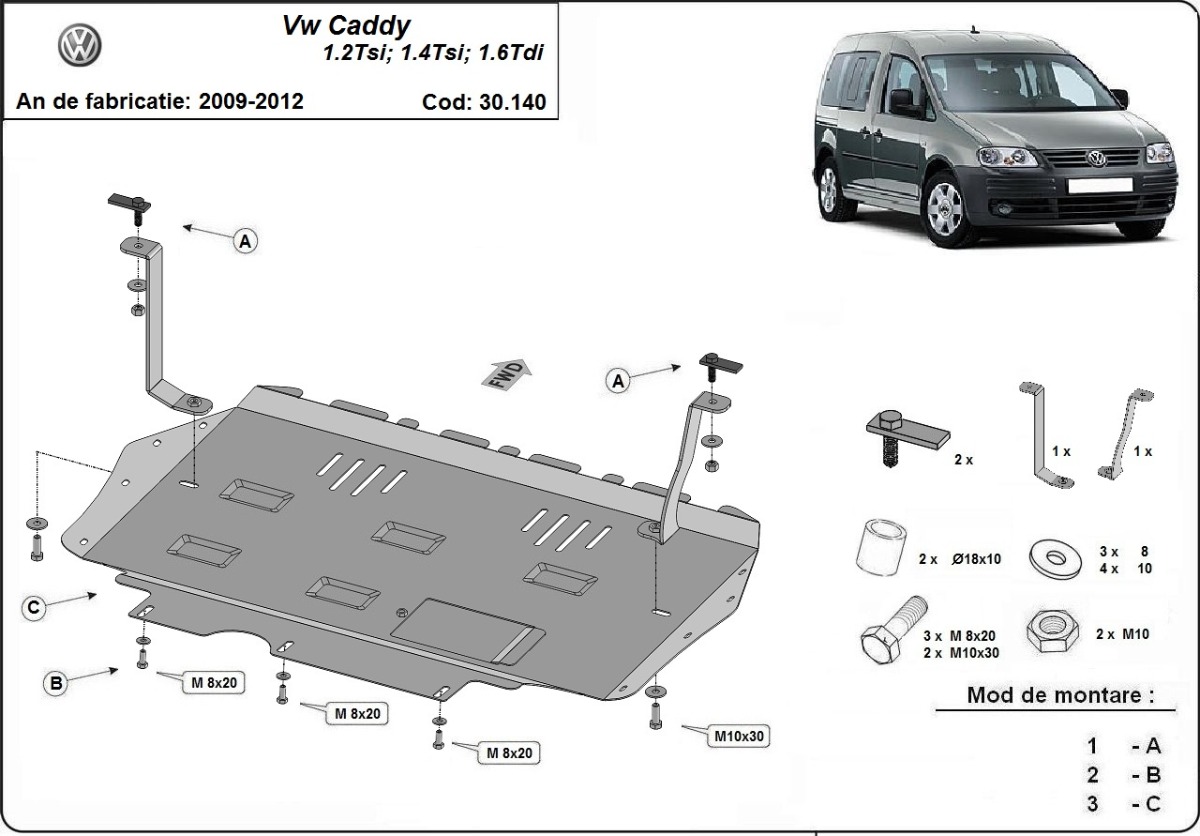 Ocelový kryt olejové vany pro Volkswagen Caddy 2010 - 2012, 1.2,1.4,TSI, 1.6TDI,