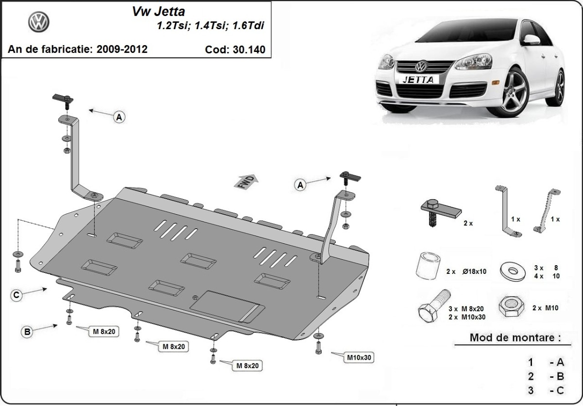 Ocelový kryt olejové vany pro VW Jetta 2010 - 2011, 1.2,1.4,TSI, 1.6TDI