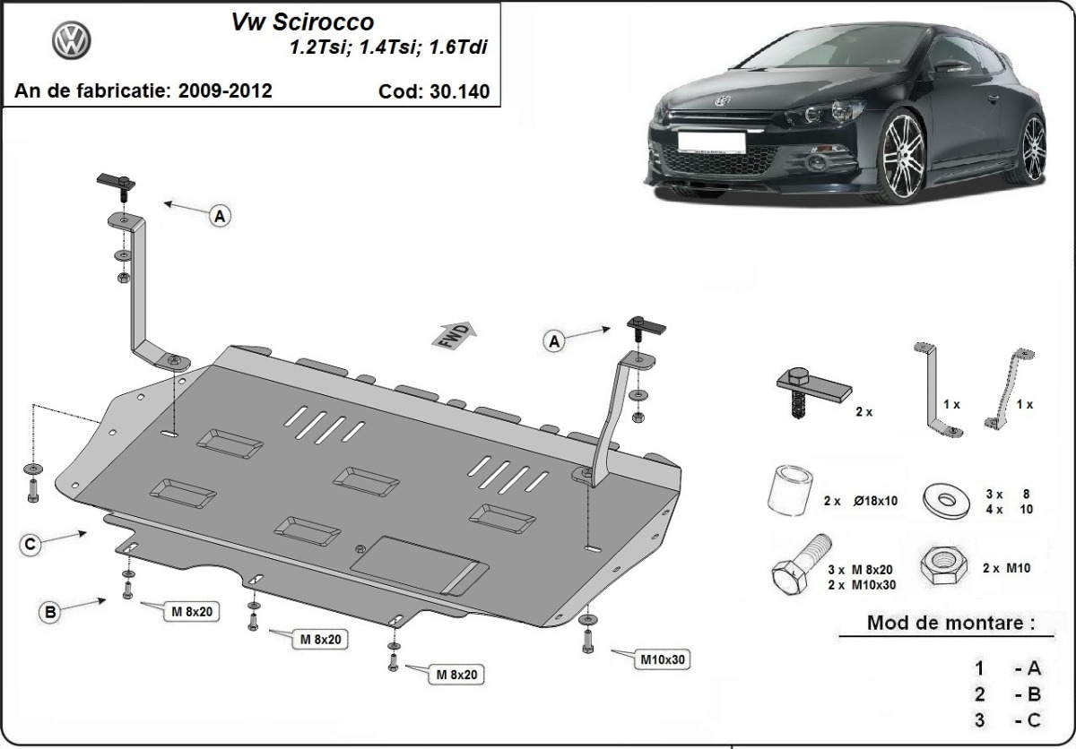 Ocelový kryt olejové vany pro Volkswagen Scirocco 2008 - 2017, 1.2,2.0TSI, 2.0TDI