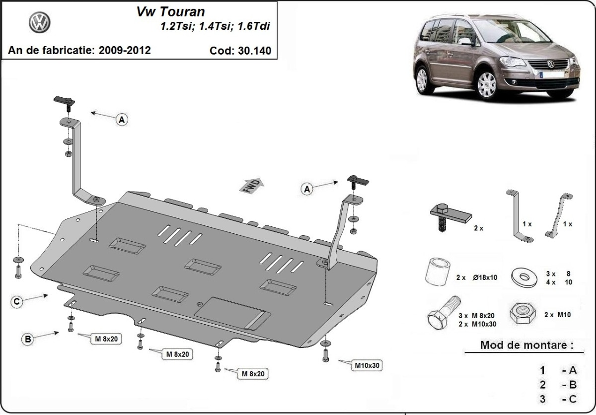 Ocelový kryt olejové vany pro Volkswagen Touran 2010 - 2015, 1.2, 1.4Tsi, 1.6 Tdi