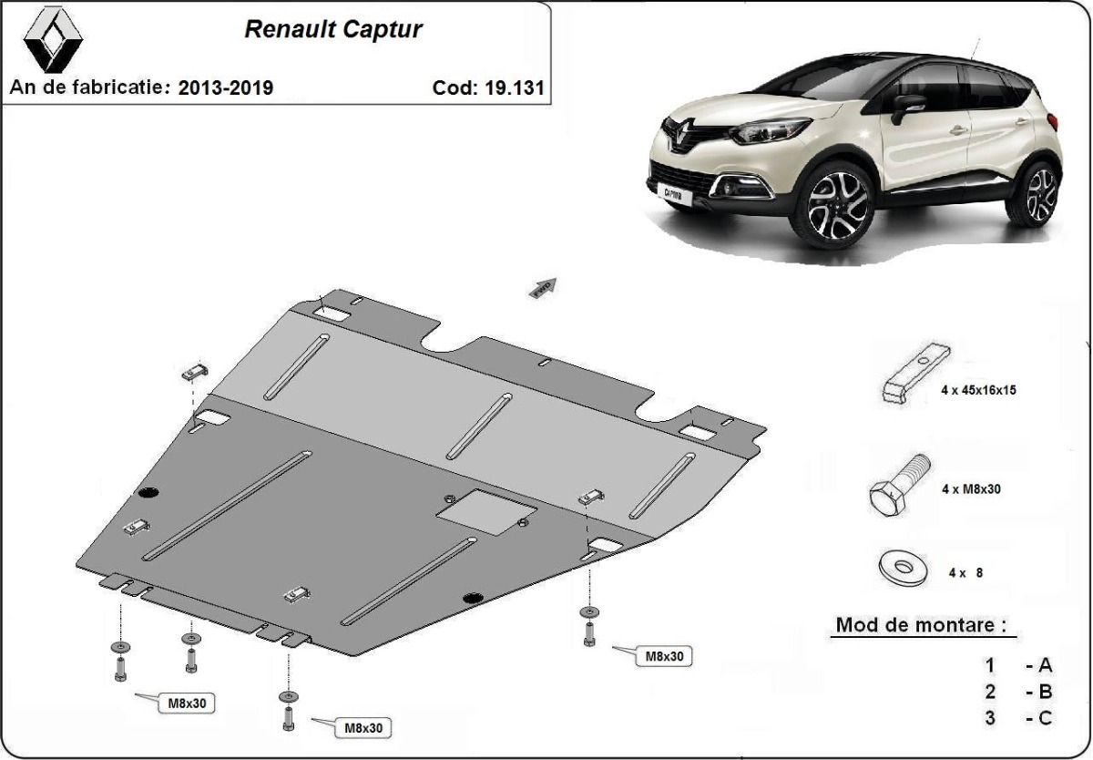 Ocelový kryt olejové vany pro Renault Captur 2013 - 2019, všechny motory