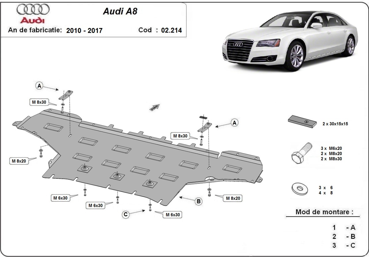 Ocelový kryt olejové vany pro Audi A8 2010 - 2017, všechny motory