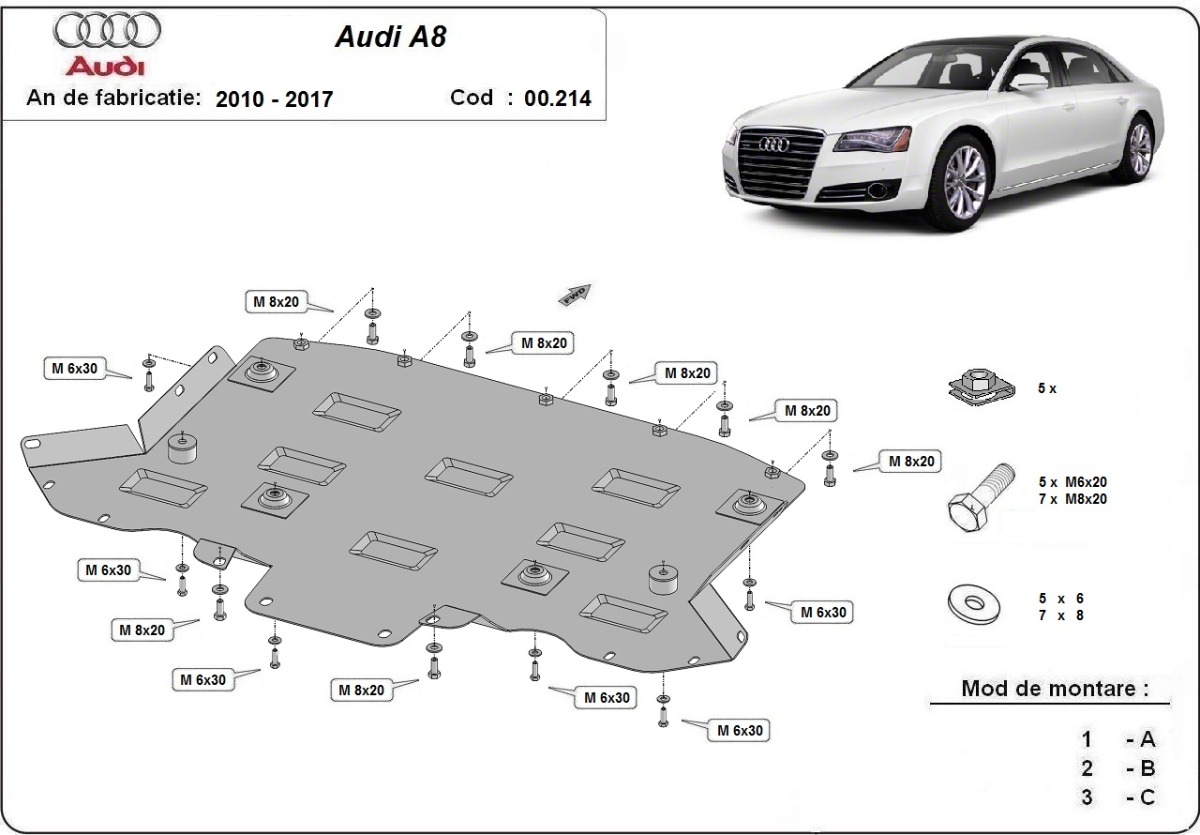 Ocelový kryt převodovky pro Audi A8 2010 - 2017, všechny motory