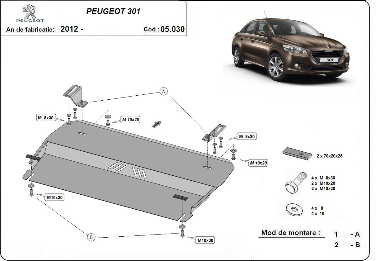 Ocelový kryt olejové vany pro ochranu motoru a převodovky pro Peugeot 301 2012 - 2026, všechny motory