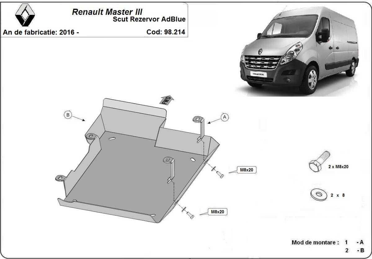 Ocelový kryt nádrže AdBlue pro Renault Master 3 - Model 2 2016 - 2024, všechny motory