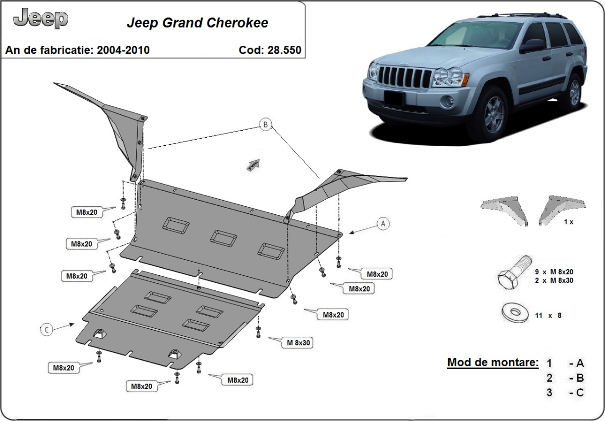 Ocelový kryt olejové vany pro Jeep Grand Cherokee 2004 - 2010, všechny motory