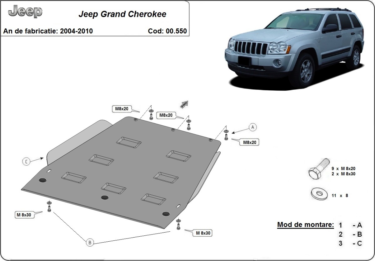 Ocelový kryt převodovky pro Jeep Grand Cherokee 2004 - 2010, všechny motory