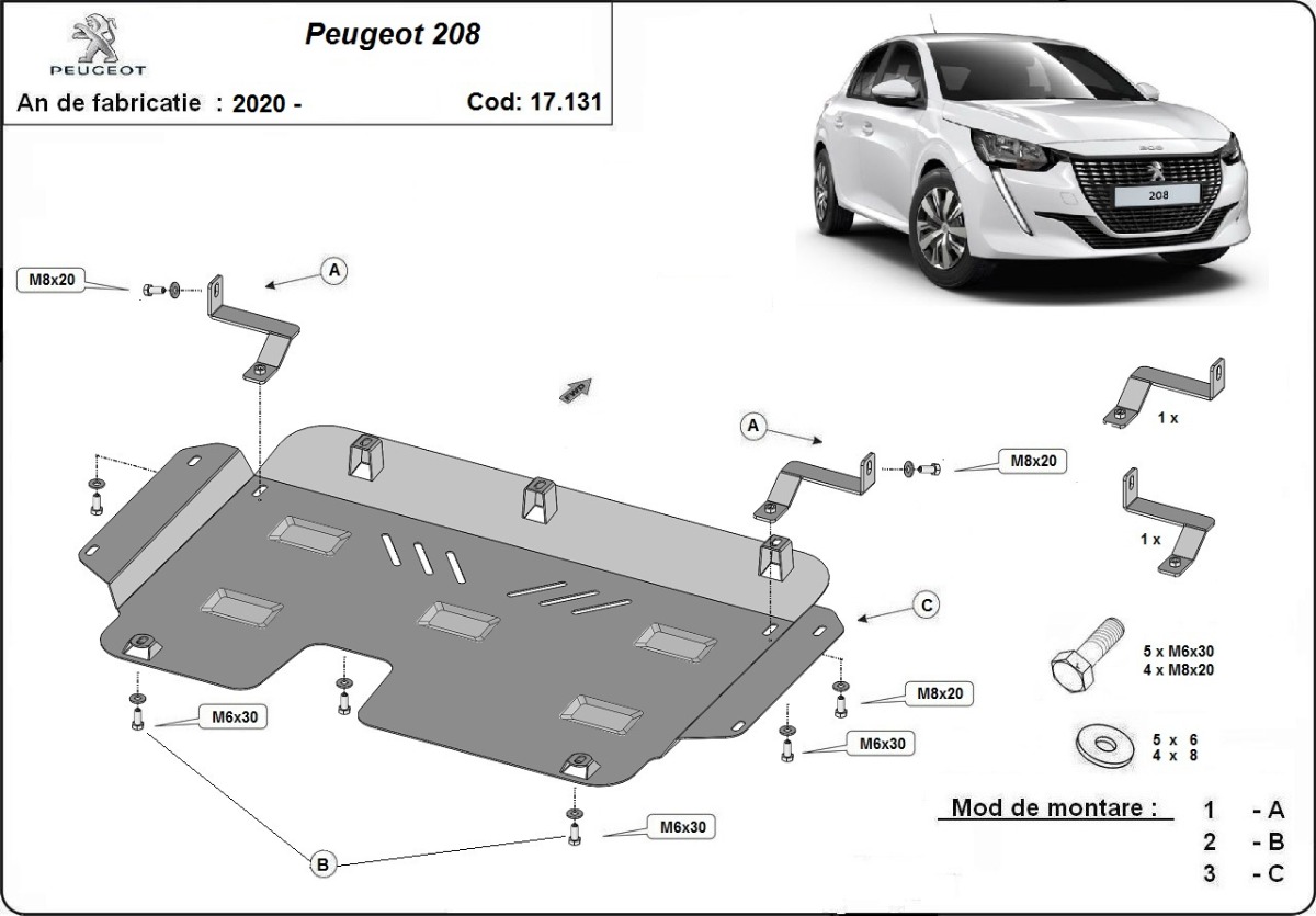 Ocelový kryt olejové vany pro Peugeot 208 2019 - 2026, všechny motory