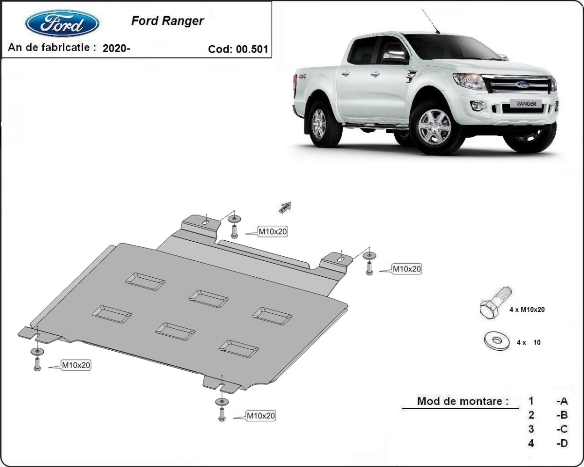 Ocelový kryt převodovky pro Ford Ranger 2020 - 2023, všechny motory