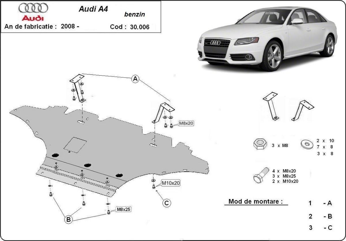 Ocelový kryt olejové vany pro Audi A4 B8 All Road, benzín 2008 - 2014, všechny motory
