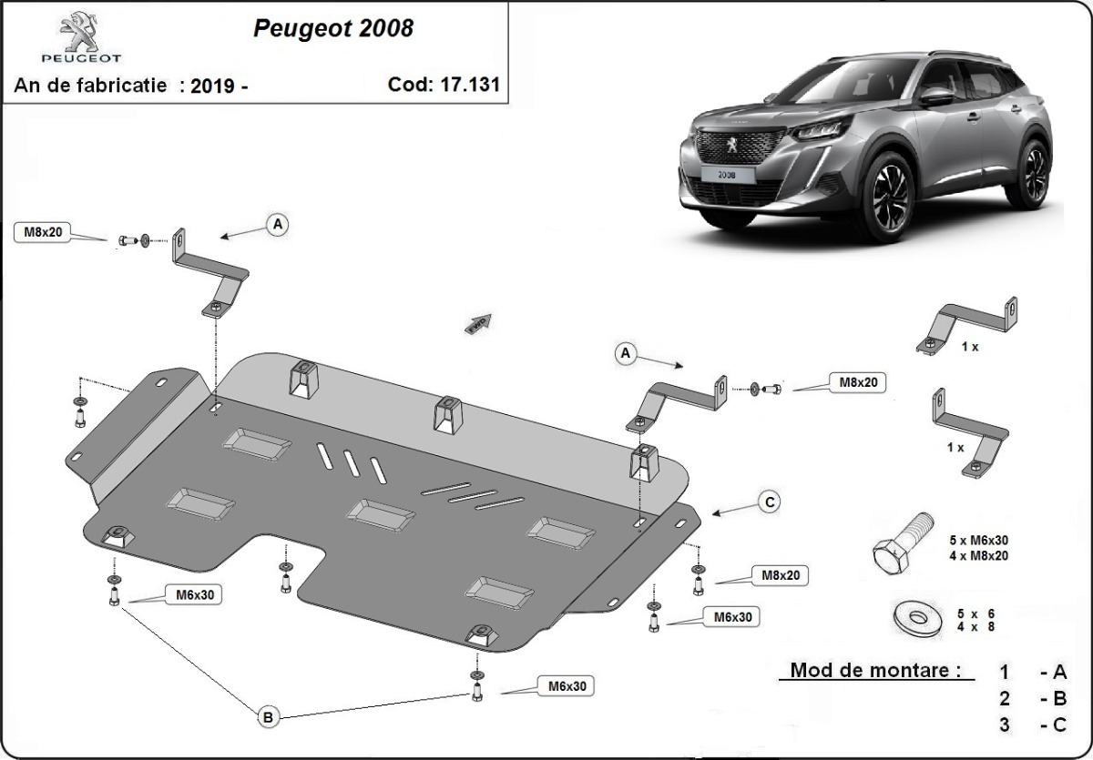 Ocelový kryt olejové vany pro Peugeot 2008 2019 - 2026, všechny motory