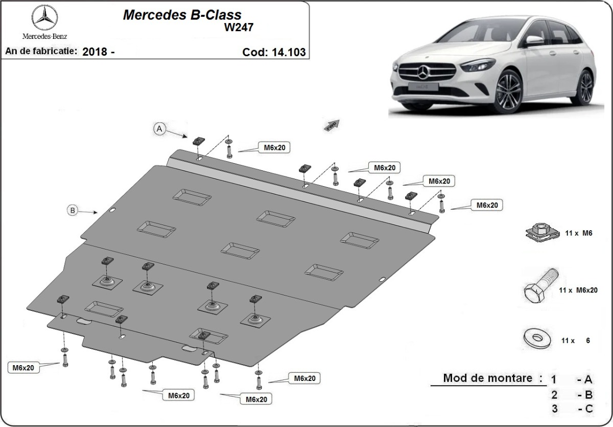 Ocelový kryt olejové vany pro Mercedes třídy B W247 2018 - 2026, všechny motory