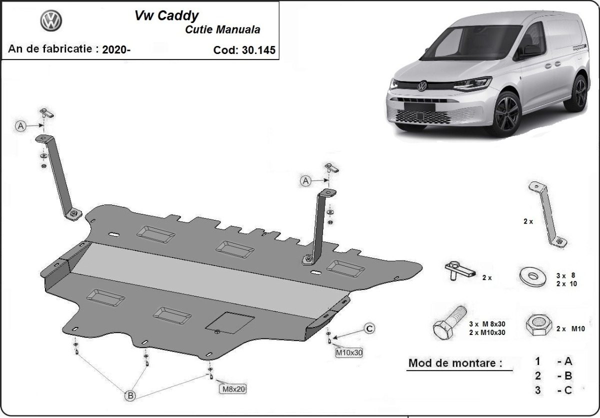 Ocelový kryt olejové vany pro VW Caddy 2020 - 2026, všechny motory
