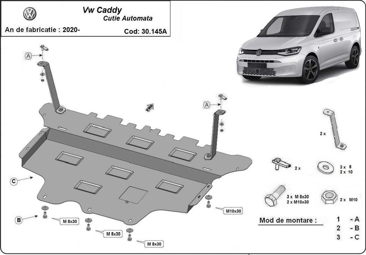 Ocelový kryt olejové vany pro VW Caddy - automatická převodovka 2020 - 2026, všechny motory