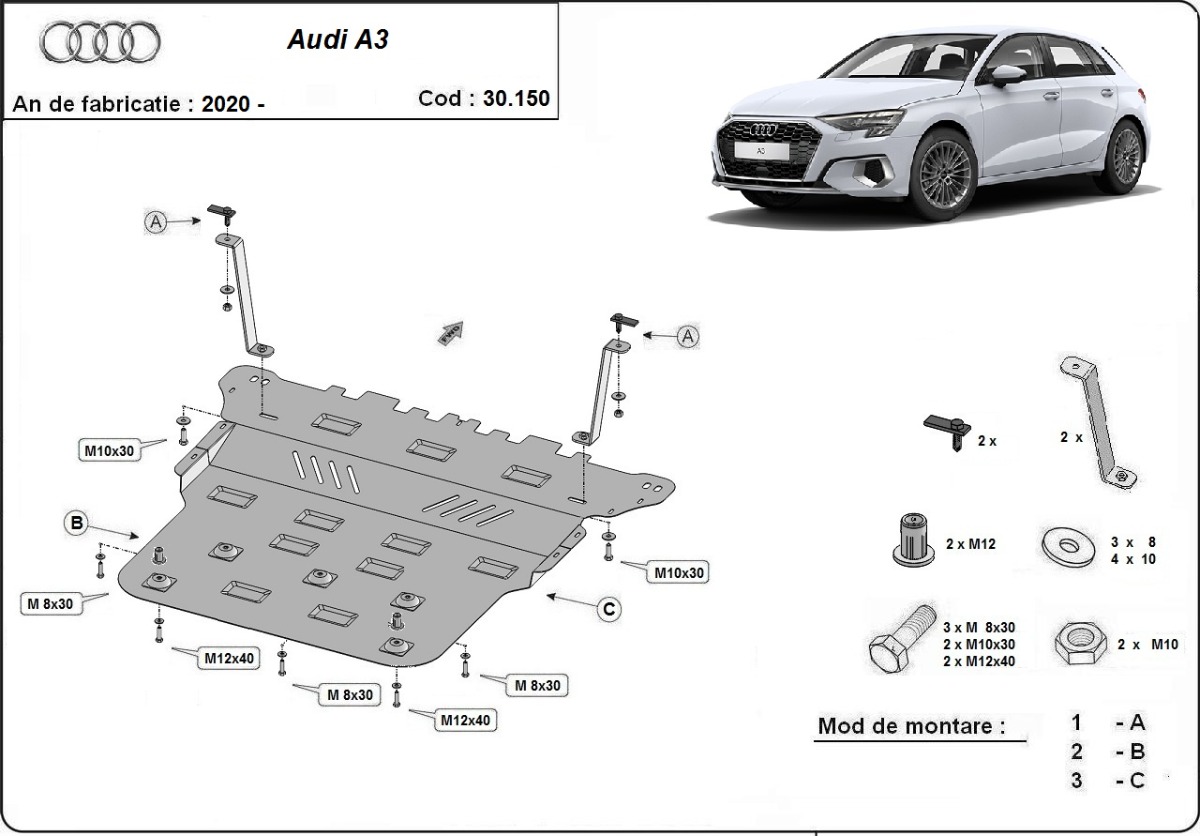 Ocelový kryt olejové vany pro Audi A3 2020 - 2026, všechny motory