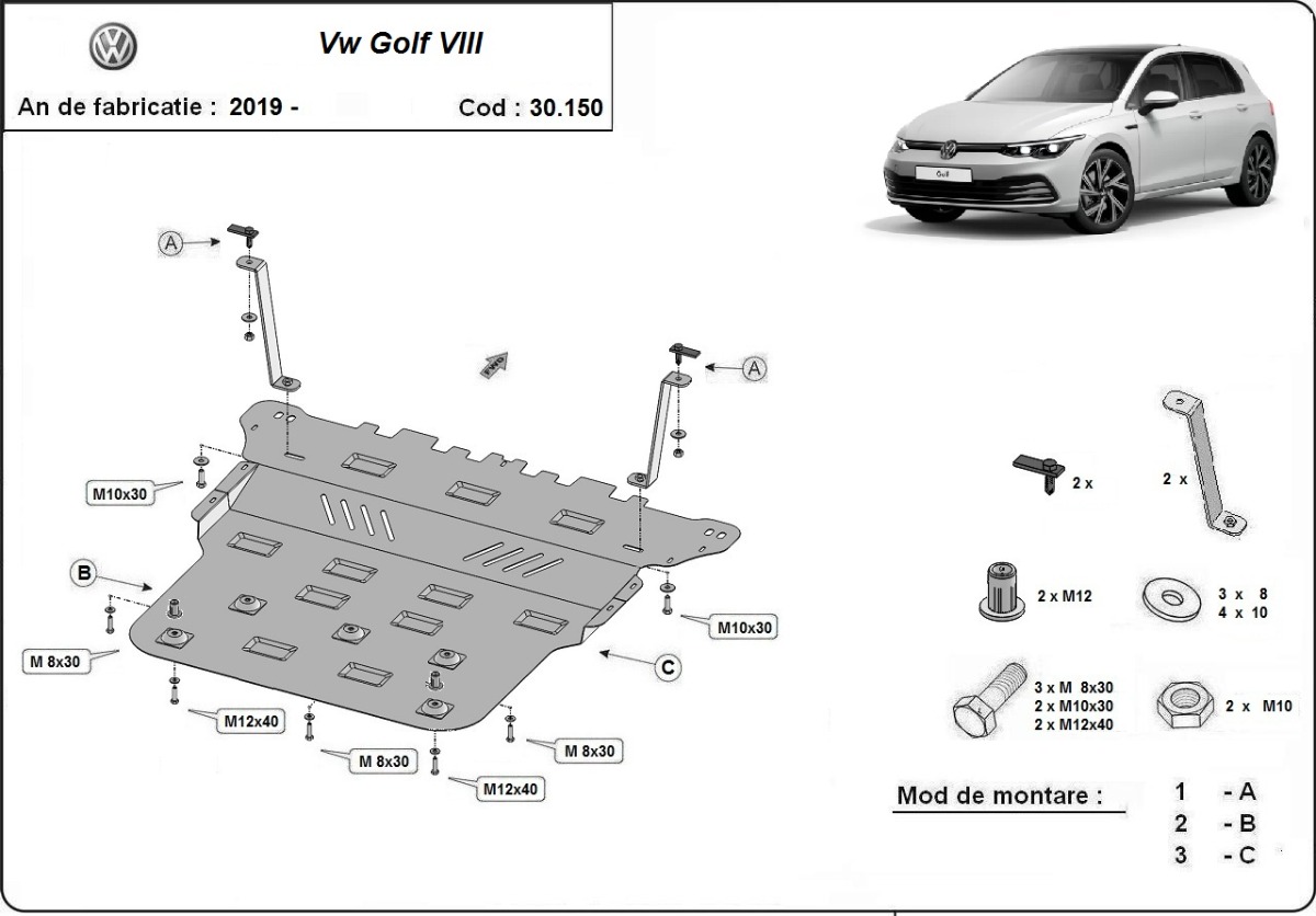 Ocelový kryt olejové vany pro VW Golf 8 2019 - 2026, všechny motory