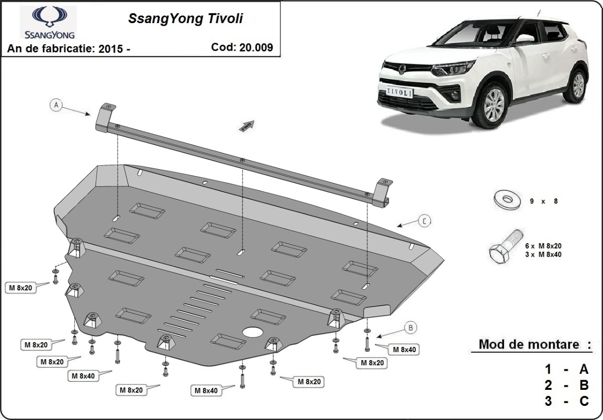 Ocelový kryt olejové vany pro SsangYong Tivoli 2015 - 2023, všechny motory