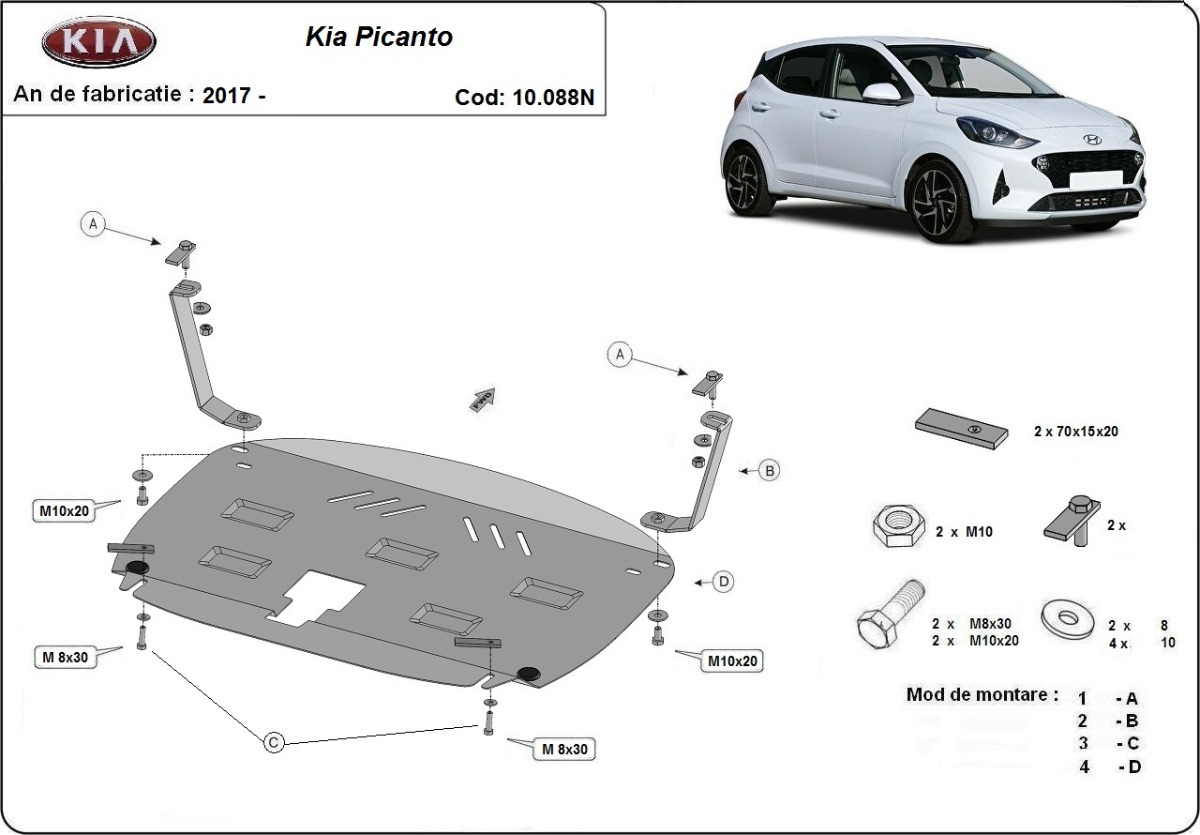 Ocelový kryt olejové vany pro Kia Picanto 2017 - 2026, všechny motory