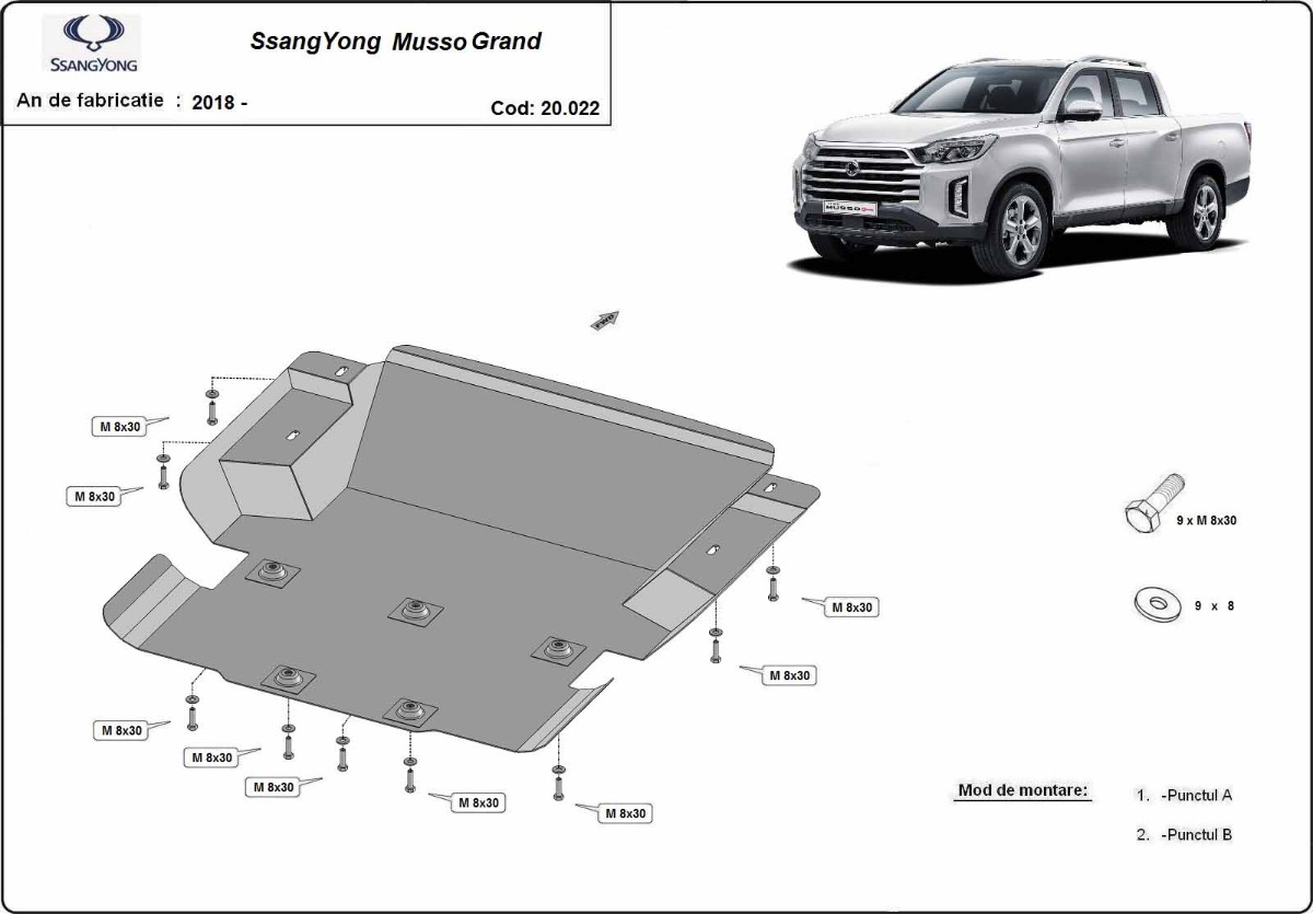 Ocelový kryt olejové vany pro Ssangyong Musso Grand 2018 - 2026, všechny motory