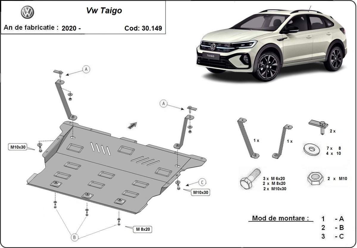 Ocelový kryt olejové vany pro VW Taigo 2020 - 2026, všechny motory