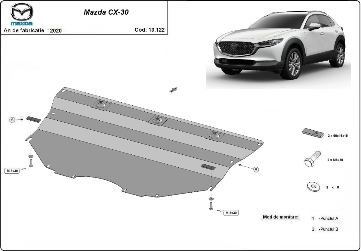 Ocelový kryt olejové vany pro Mazdu CX-30 2020 - 2026, všechny motory