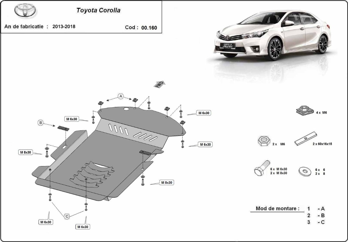 Ocelový kryt katalyzátoru/zámek katalyzátoru pro Toyota Corolla 2013 - 2018, všechny motory