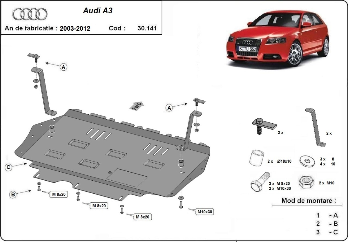 Ocelový kryt olejové vany pro Audi A3 2003 - 2012, všechny motory