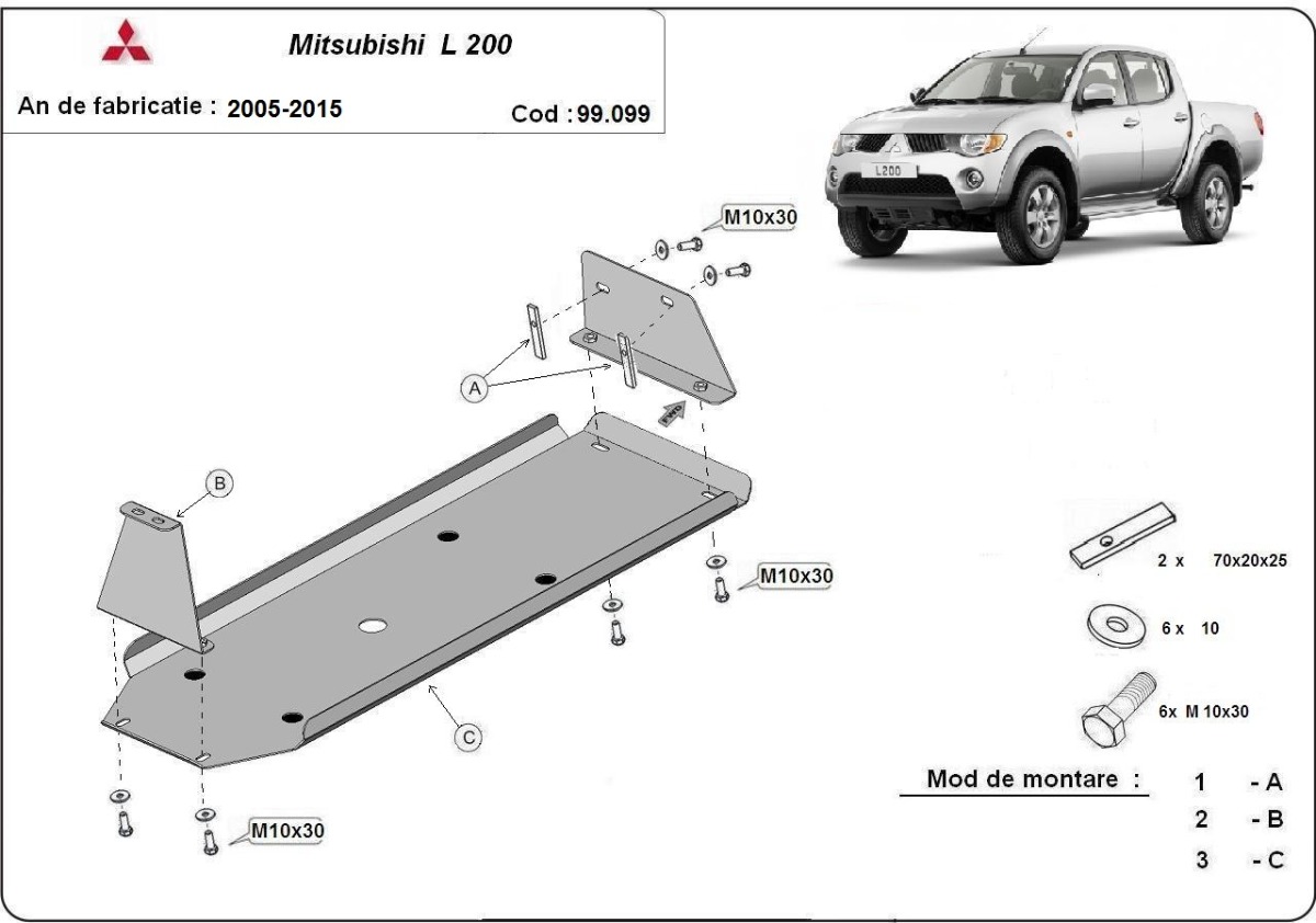 Ocelový kryt palivové nádrže pro Mitsubishi L 200 2005 - 2015, všechny motory