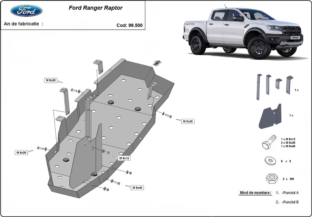 Ocelový kryt palivové nádrže pro Ford Ranger Raptor 2020 - 2023, všechny motory