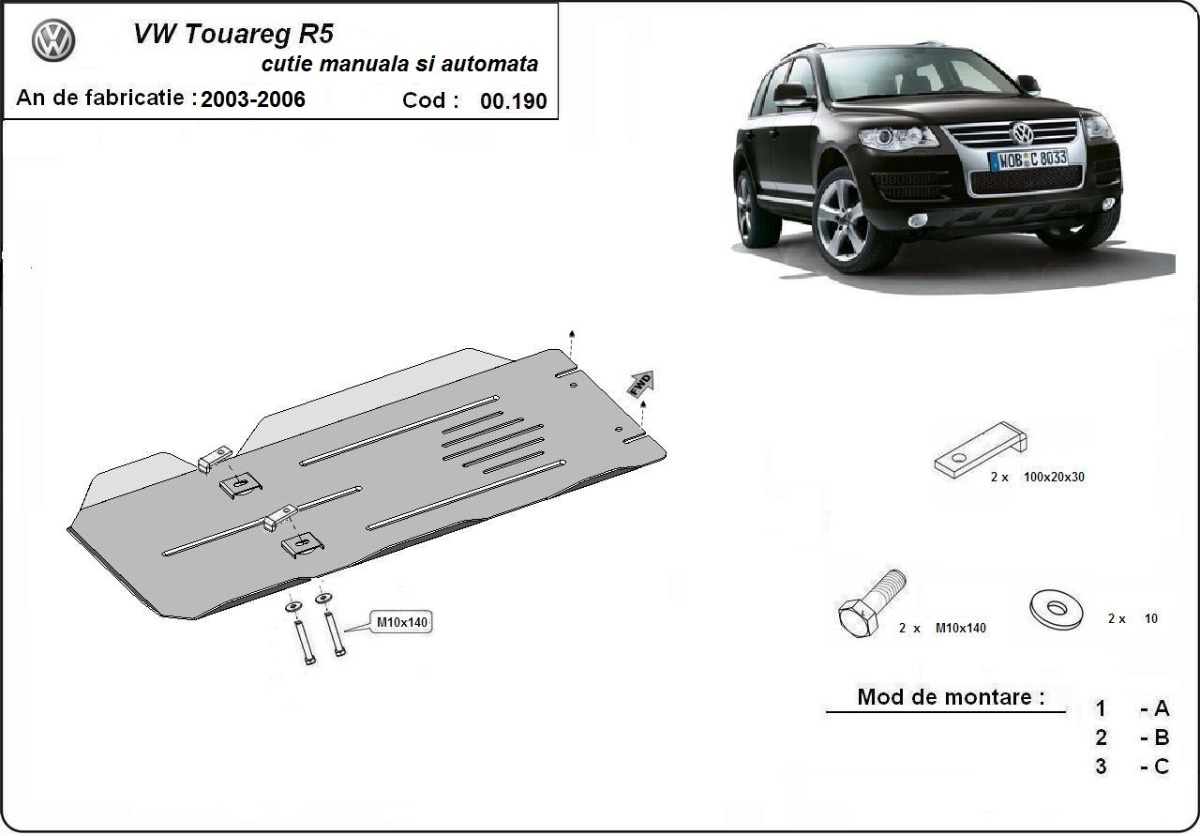 Ocelový kryt manuální a automatické převodovky pro VW Touareg 7L 2003 - 2006, všechny motory
