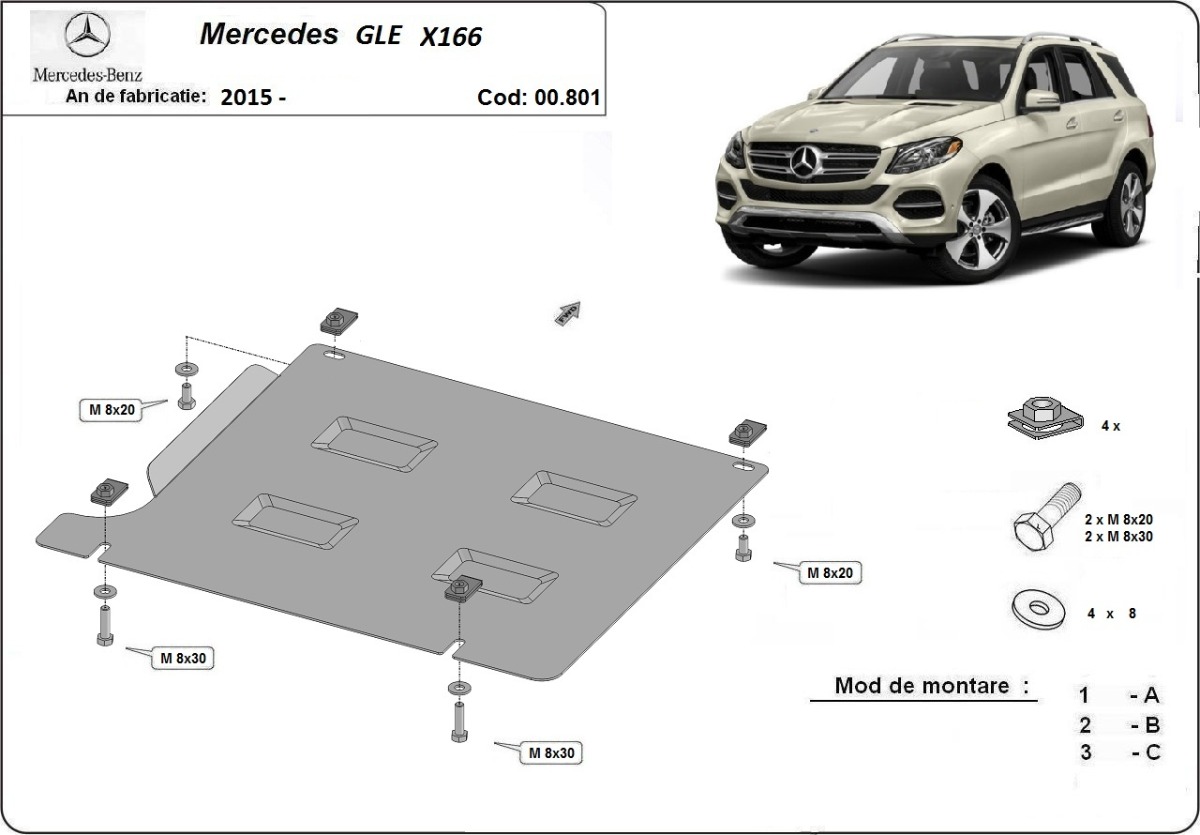 Ocelový kryt převodovky pro Mercedes GLE X166 2015 - 2019, všechny motory