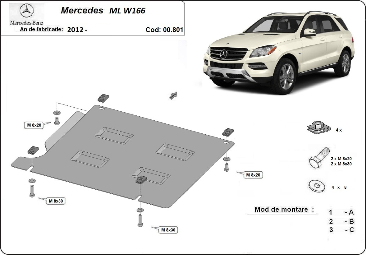 Ocelový kryt převodovky pro Mercedes ML W166 2011 - 2019, všechny motory