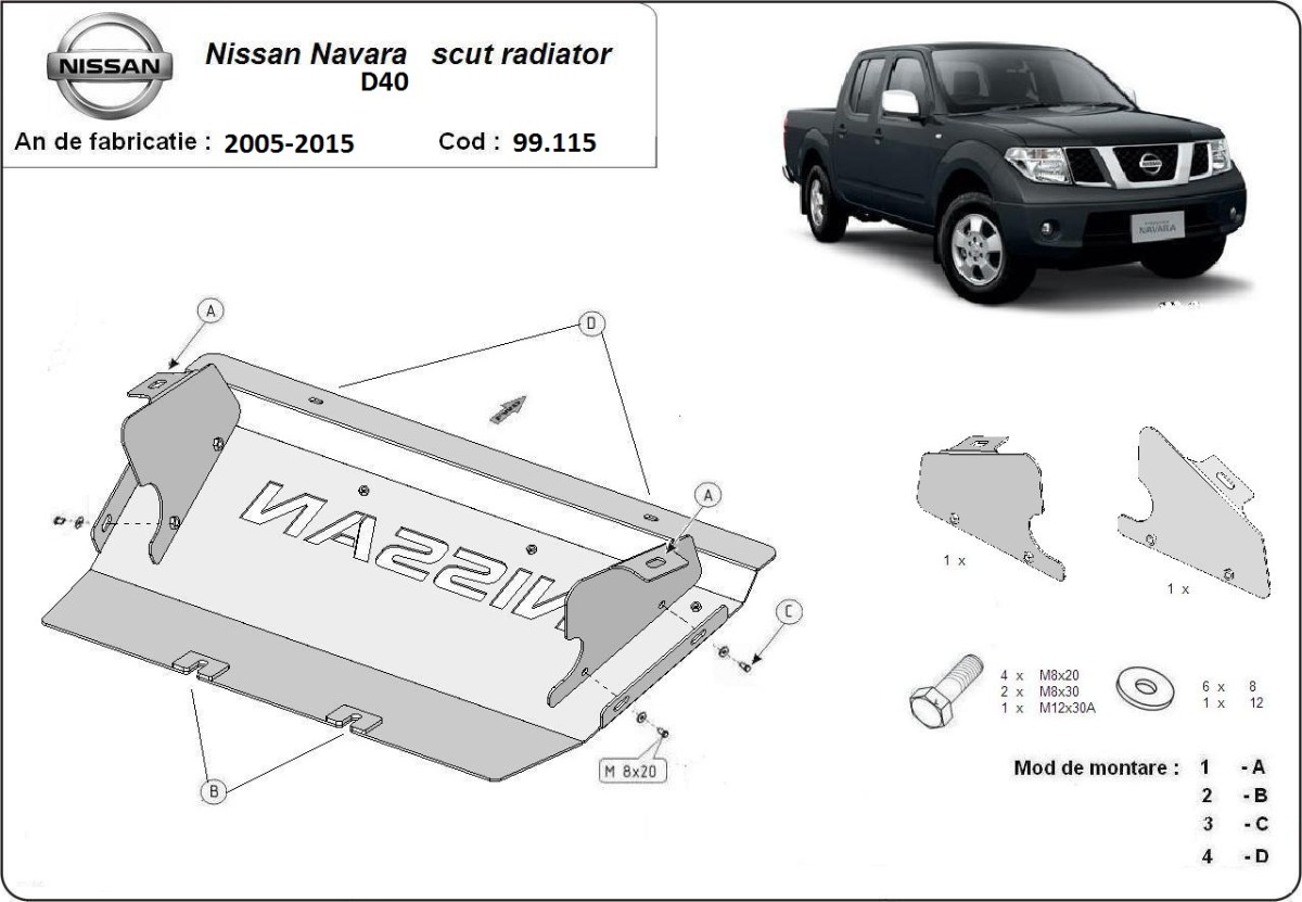 Ocelový kryt chladiče pro Nissan Navara D40 2005 - 2015, všechny motory