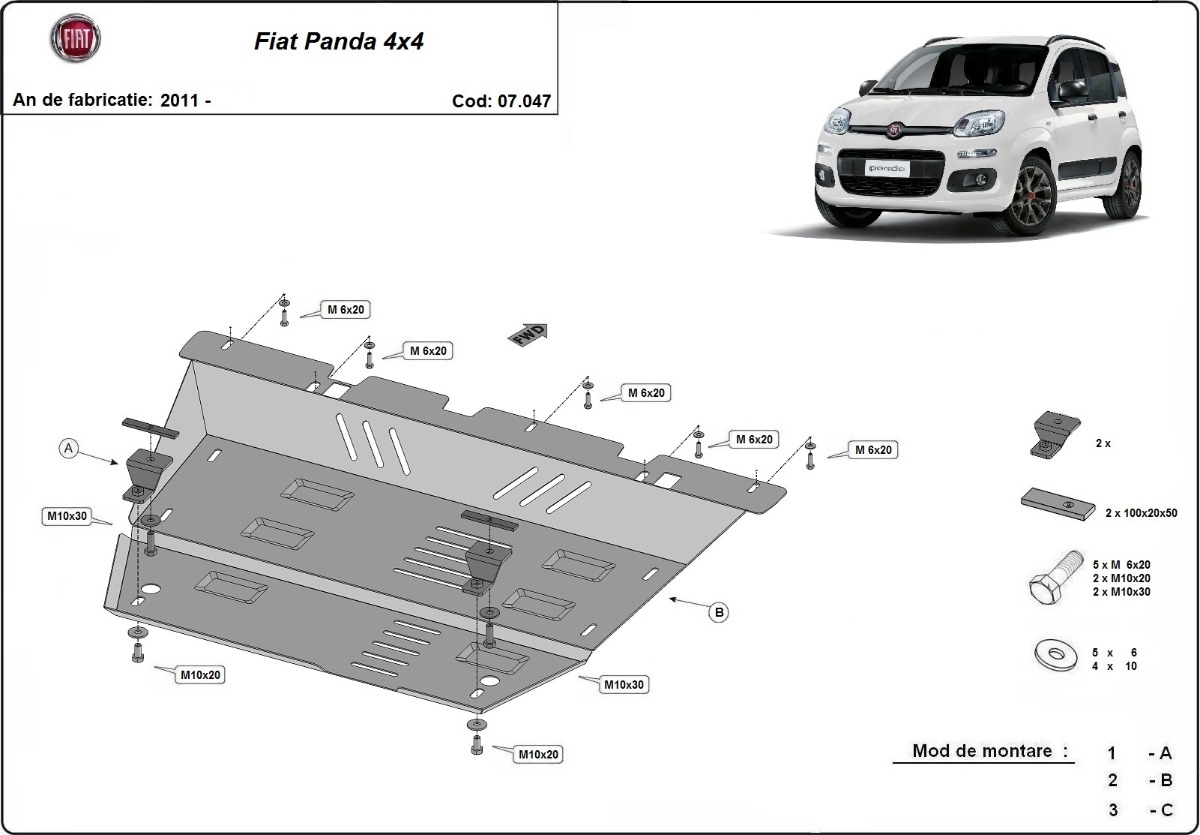 Ocelový kryt olejové vany pro Fiat Panda 4x4 2011 - 2026, všechny motory