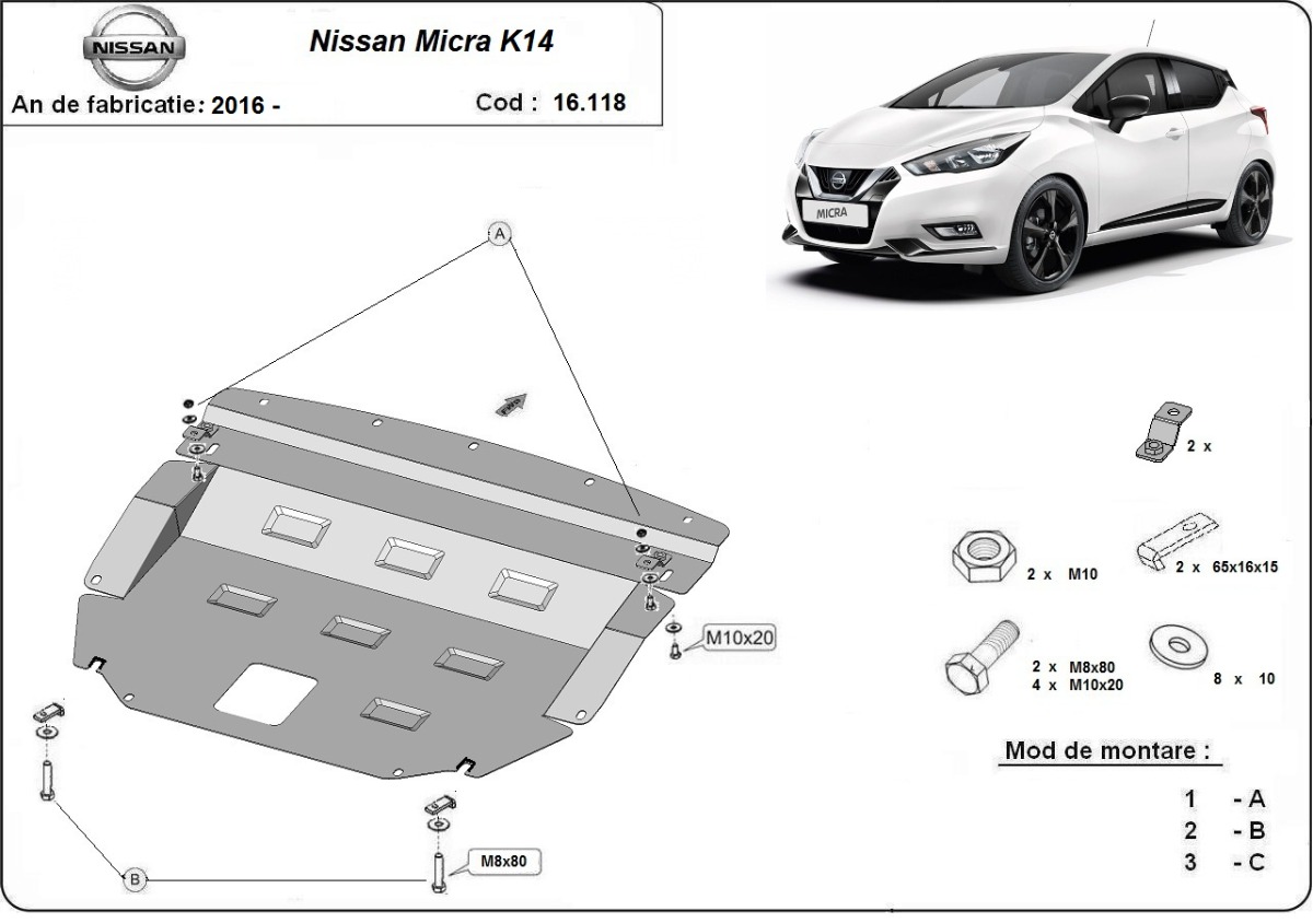 Ocelový kryt olejové vany pro Nissan Micra 2016 - 2026, všechny motory