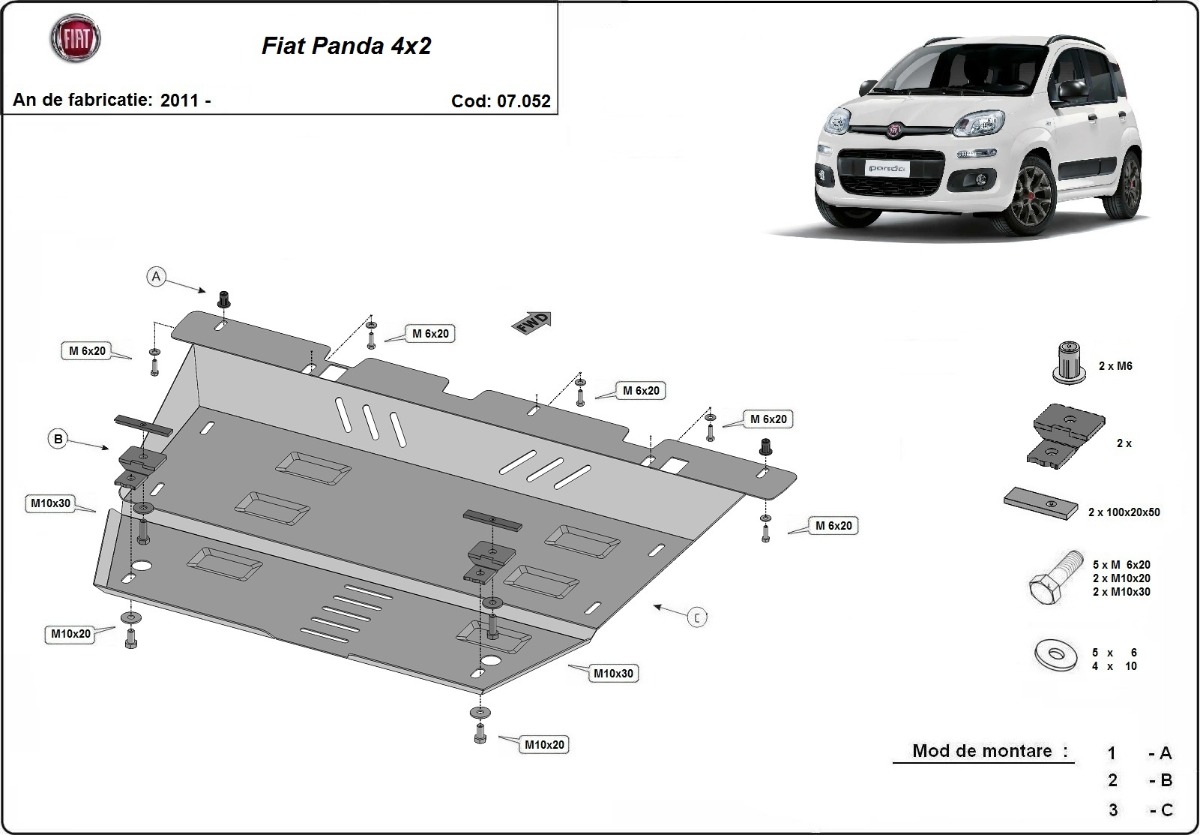 Ocelový kryt olejové vany pro Fiat Panda 4x2 2011 - 2026, všechny motory
