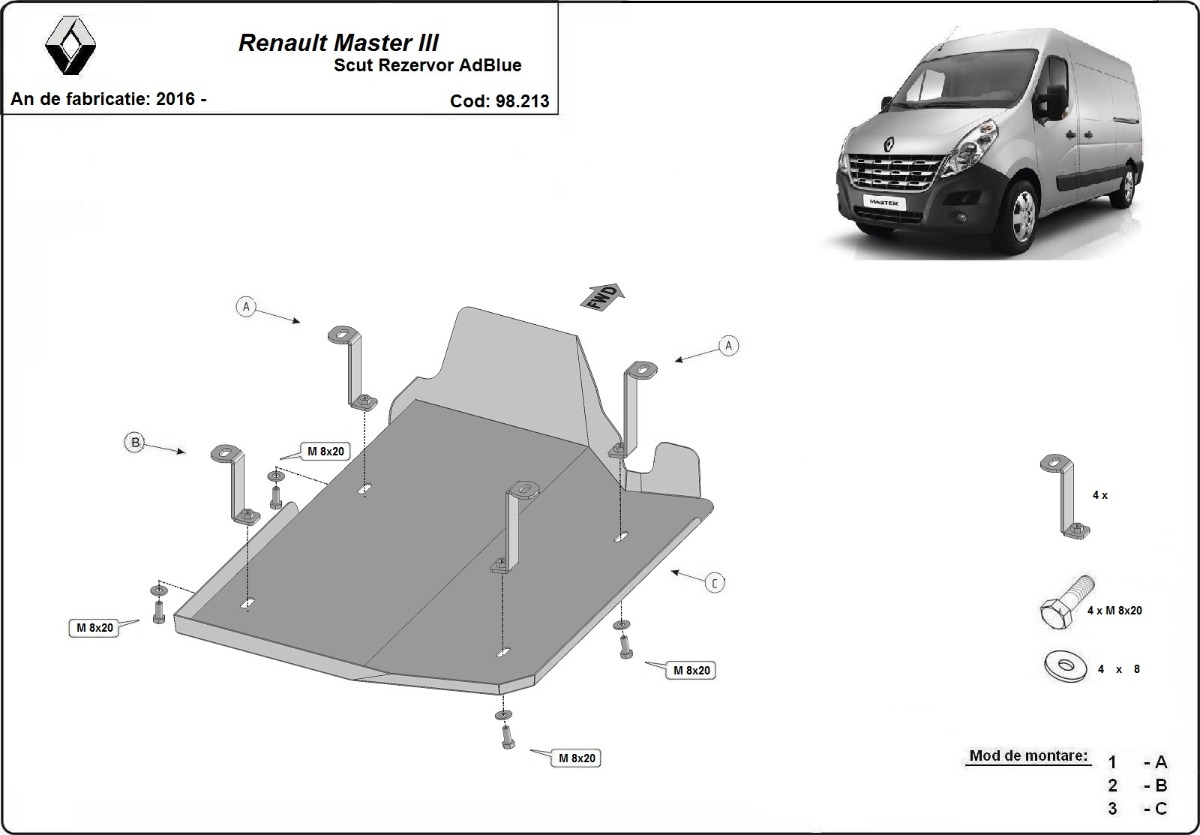 Ocelový kryt nádrže AdBlue pro Renault Master 3 - Model 1 2016 - 2024, všechny motory