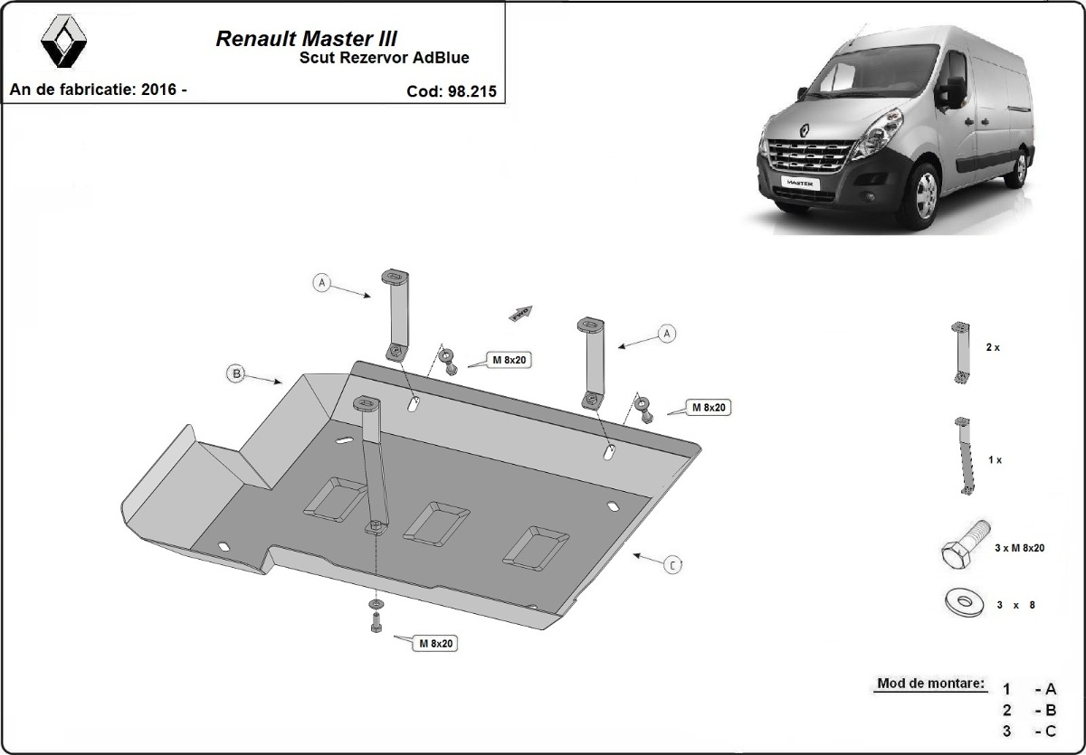 Ocelový kryt nádrže AdBlue pro Renault Master 3 - Model 3 2016 - 2024, všechny motory