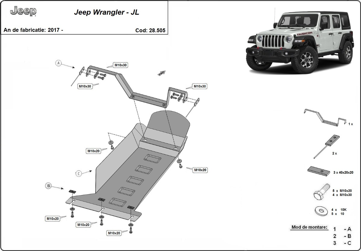 Ocelový kryt olejové vany pro Jeep Wrangler - JL 2017 - 2026, všechny motory