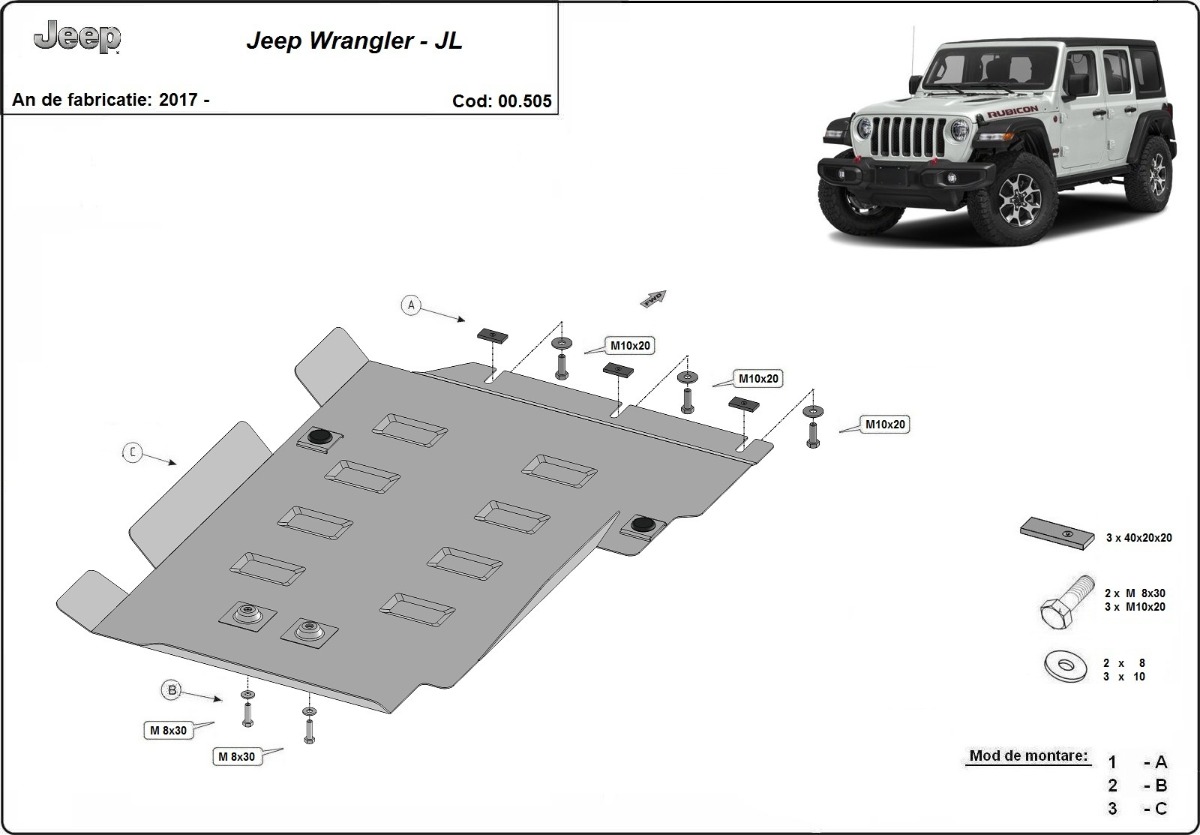 Ocelový kryt převodovky pro Jeep Wrangler - JL 2017 - 2026, všechny motory