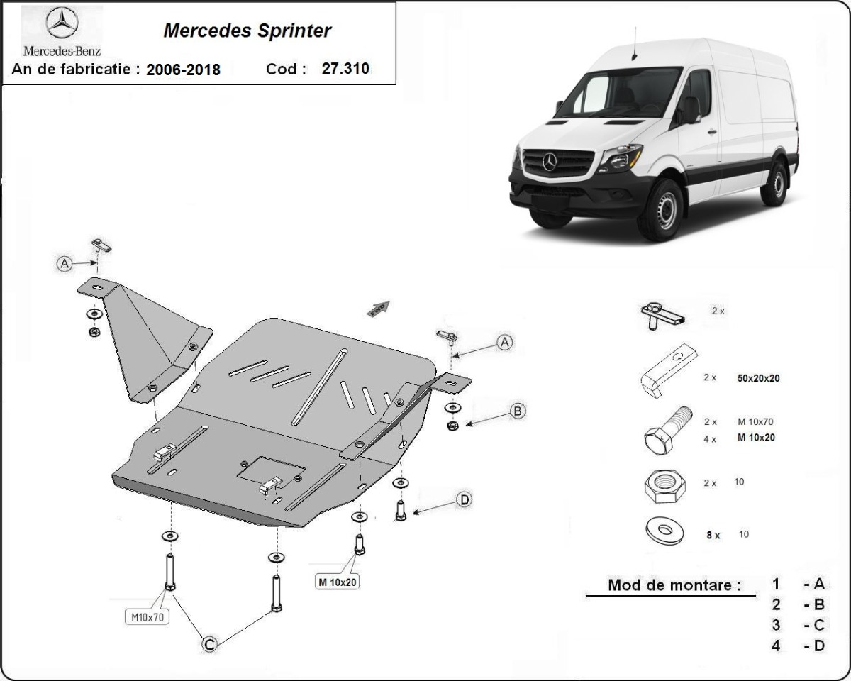 Ocelový kryt olejové vany pro ochranu motoru a převodovky pro Mercedes Sprinter 2006 - 2017, všechny motory