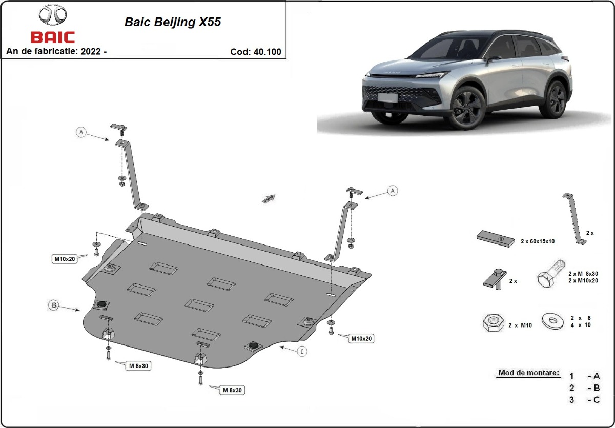 Ocelový kryt olejové vany pro Baic Beijing X55 2022 - 2026, všechny motory