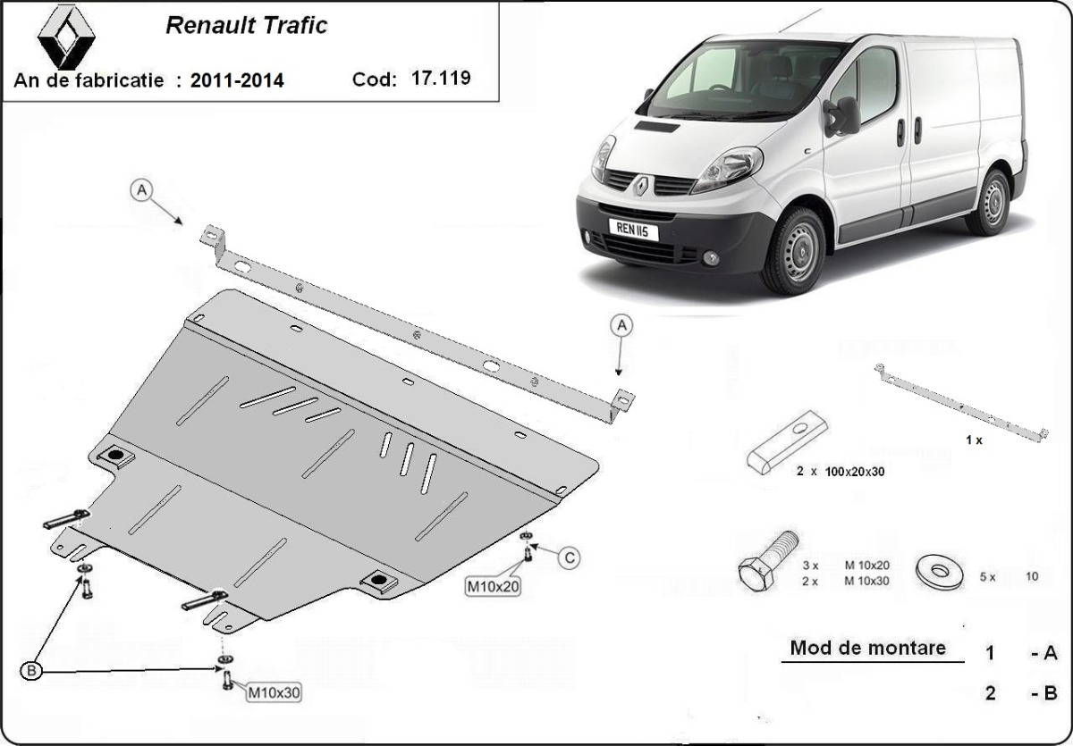 Ocelový kryt olejové vany pro Renault Trafic 2 (2011-2014) 2011 - 2014, všechny motory