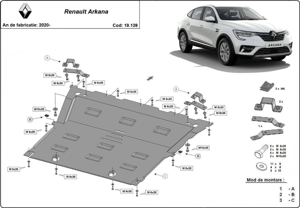 Ocelový kryt olejové vany pro Renault Arkana 2020 - 2026, všechny motory