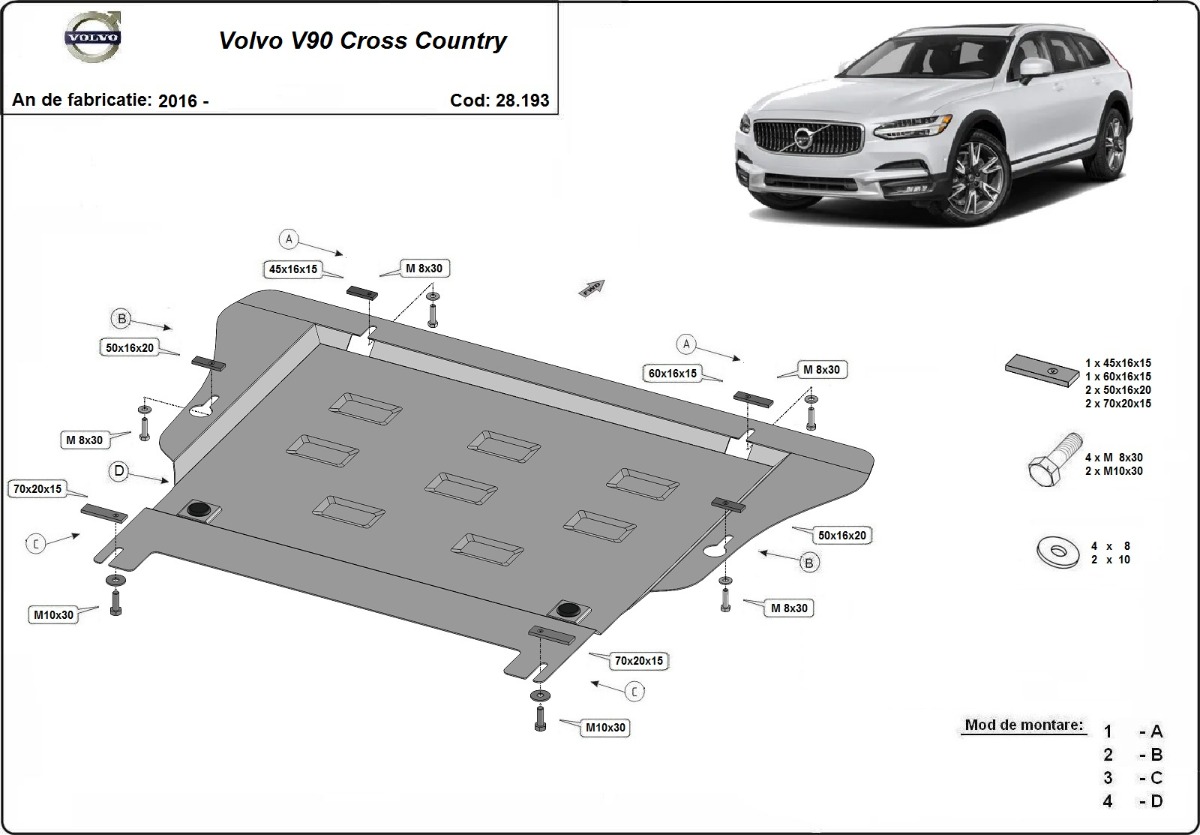 Ocelový kryt olejové vany pro Volvo V90 Cross Country 2016 - 2026, všechny motory