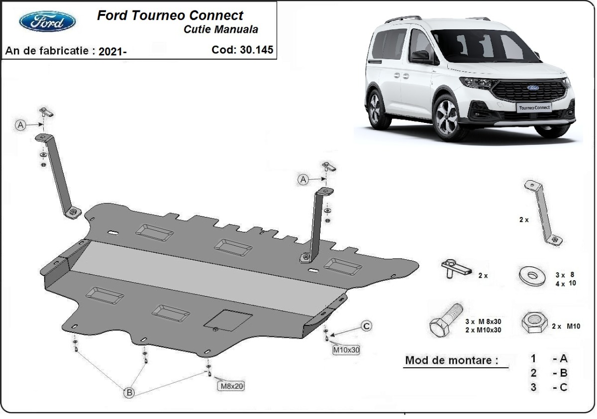 Ocelový kryt olejové vany pro Ford Tourneo Connect 2021 - 2026, všechny motory