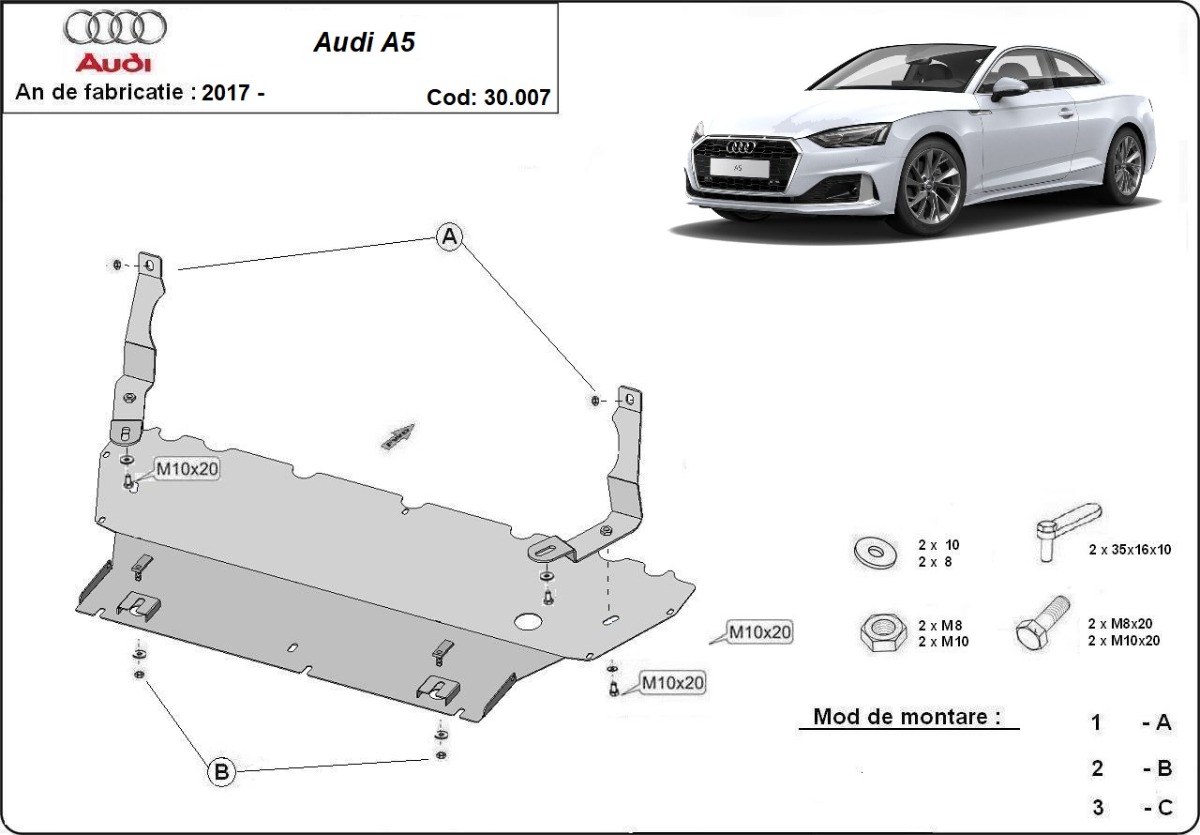 Ocelový kryt olejové vany pro Audi A5 2017 - 2026, všechny motory
